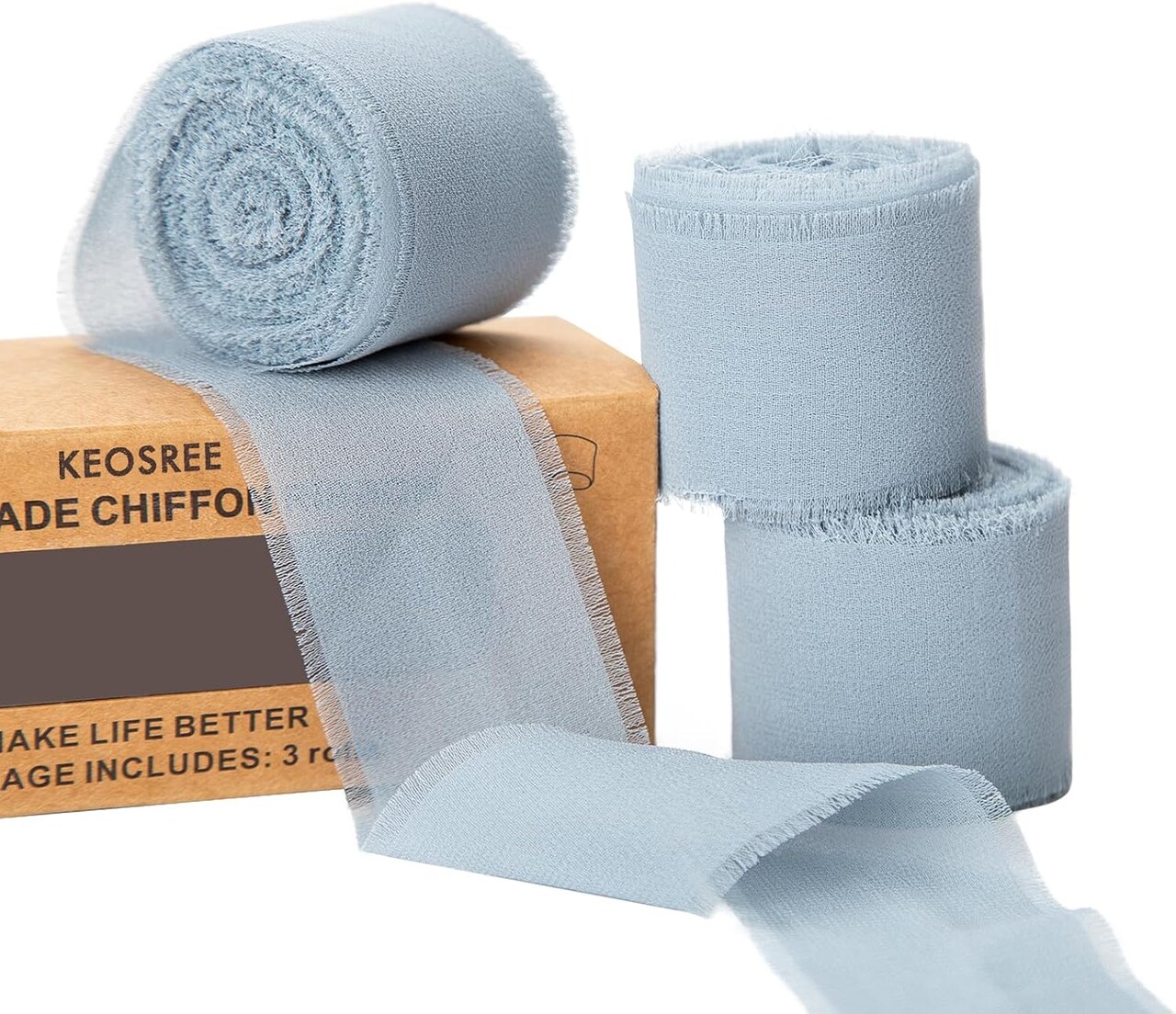 3 Rolls Dusty Blue Handmade Chiffon Ribbon,1.5" x 21Yd Frayed Fringe Silk Ribbons (3 Rolls *7Yd)